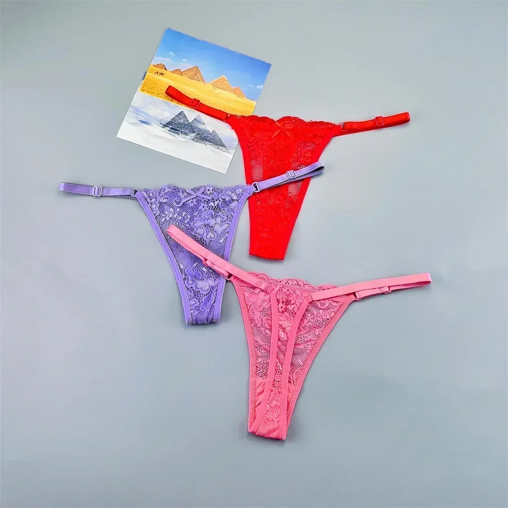 3PCS Einstellbare Sexy Transparent Tanga Höschen Frauen Spitze Unterwäsche Niedrige Taille Weibliche T-zurück String Unterhose